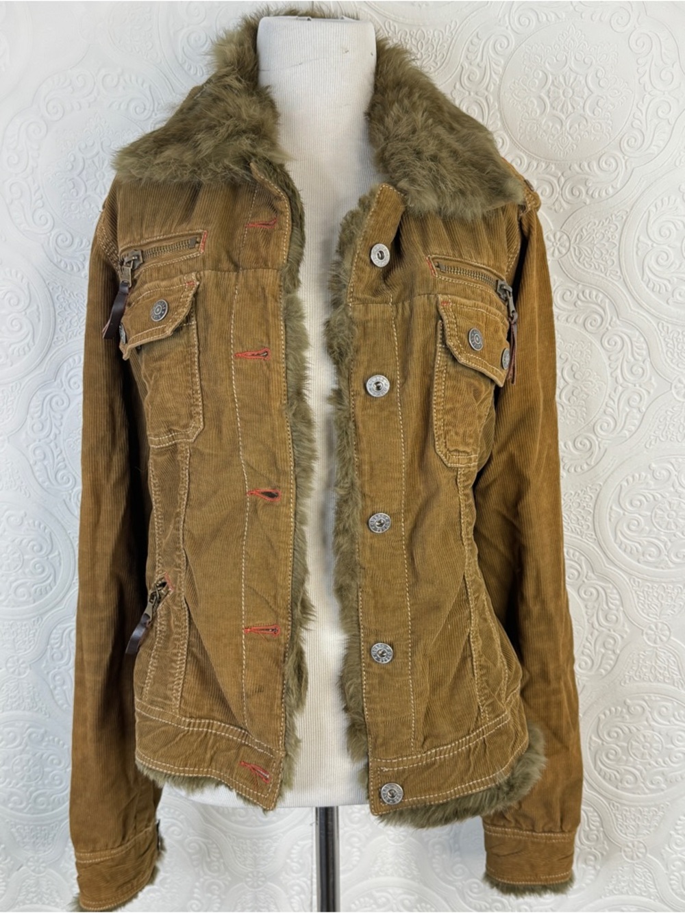 GUESS Y2k Women's Jacket Size Large Brown Corduroy Pockets Rabbit Fur Buttons